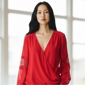INC International Concepts Vibrant Red Lace Sleeve Blouse